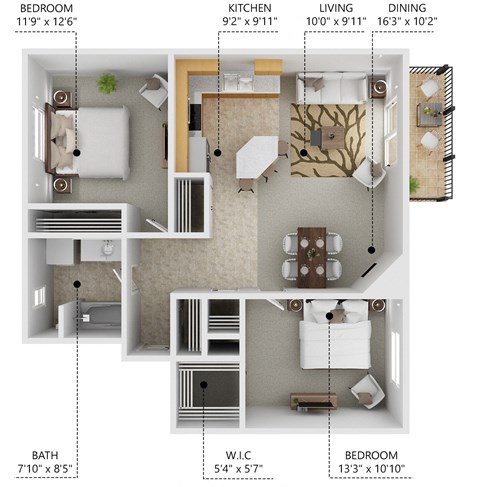A floor plan of a small apartment with a bedroom, kitchen, living room, dining room, bathroom, and a walk-in closet.